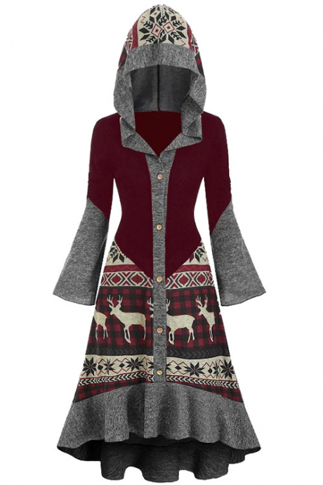 Printed Contrast Color Hooded Long Sleeve Women'S Dress