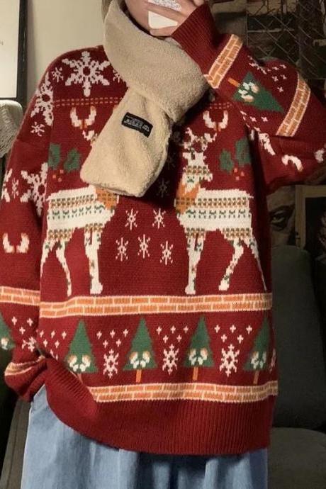 Loose Knit Print Reindeer Sweater