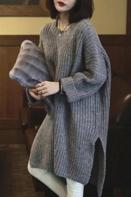 Long Side Slit Gray Knit Sweater