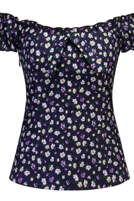 One-Shoulder Short-Sleeved Sweet Floral Slim T-Shirt