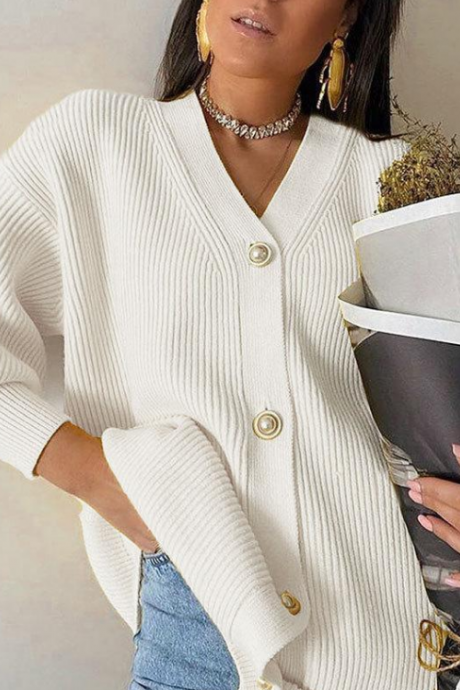 Women's Solid Color Casual Loose Knit Buttoned Cardigan Sweater Coat