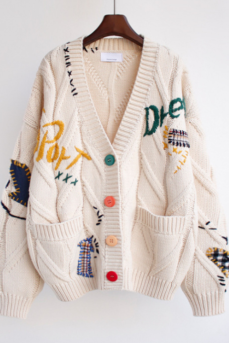 Loose Knit Embroidered Sweater Coat