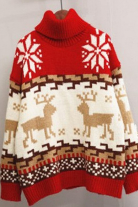 High-Necked Fawn Thick Loose Long-Sleeved Knitted Sweater