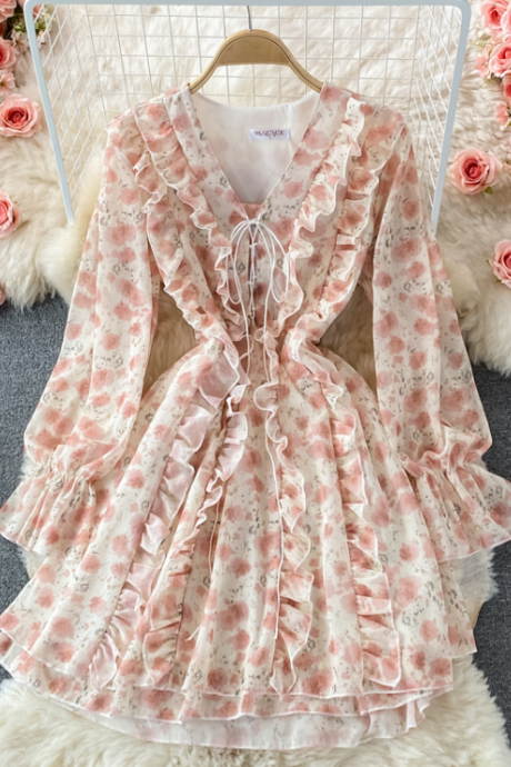 Sweet Ruffled V-neck Floral Pink Long-sleeved Dress