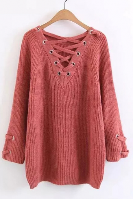 Women's Knitted V-neck Long-sleeved Sweater