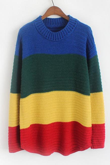 Loose Plus Size Round Neck Striped Sweater