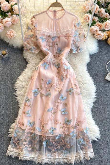 Embroidered Round Neck Butterfly Short Sleeve Dress