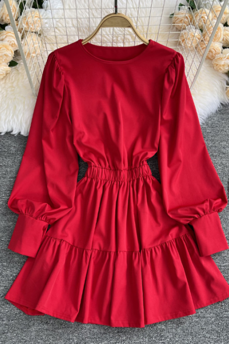 Round Neck Solid Color Temperament Long Sleeve Dress