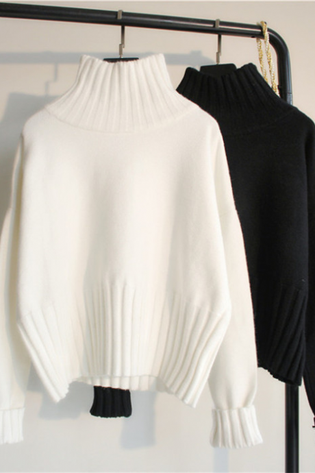 Pure Color Loose High-neck Sweet Long-sleeved Sweater