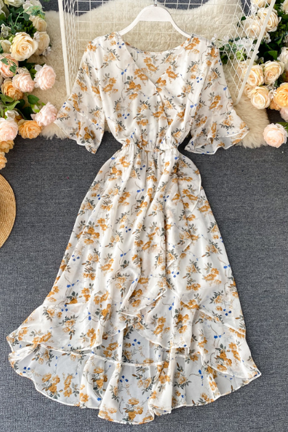 Sweet Print Irregular Ruffled Chiffon Dress