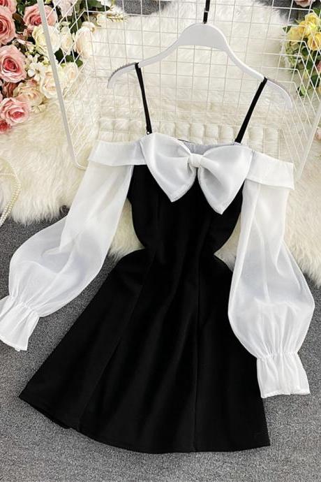 Off-the-shoulder Sexy Bow One-shoulder Strap Long-sleeved Dress
