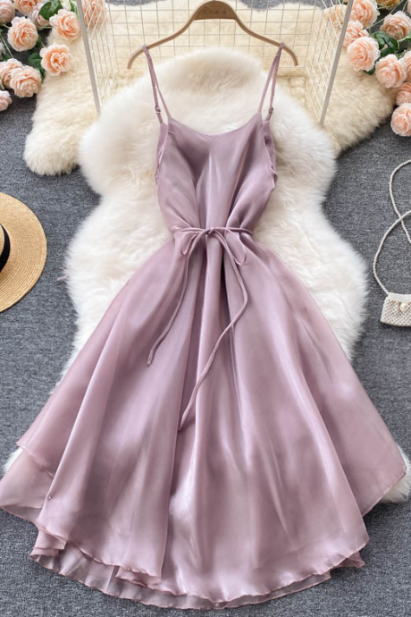 Sweet Solid Color Sling Sleeveless Dress