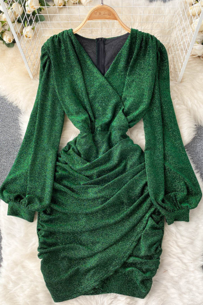 Temperament V-neck Bright Silk Tight-fitting Hip Dress