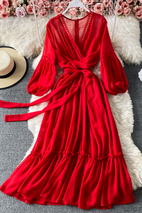 Solid Color Vintage Red V-Neck High Waist Dress