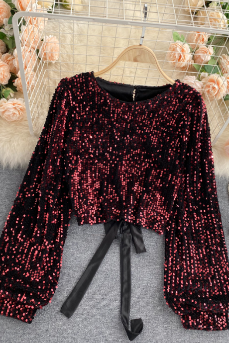 Temperament Design Long Sleeves Backless Sequined Shirt Top