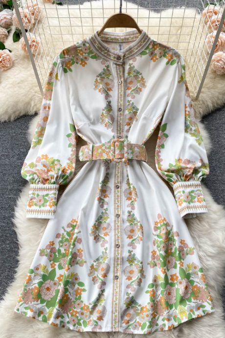 Long Sleeve Temperament Vintage Print Dress