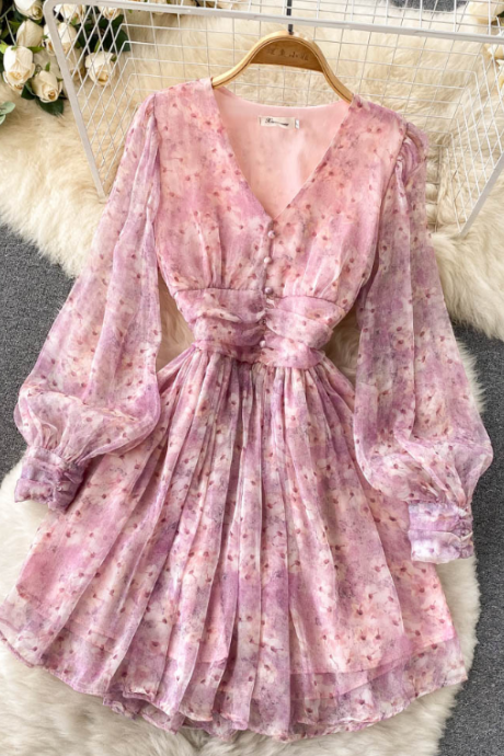 Vintage Chiffon Floral Temperament V-Neck Puff Sleeve Printed Dress
