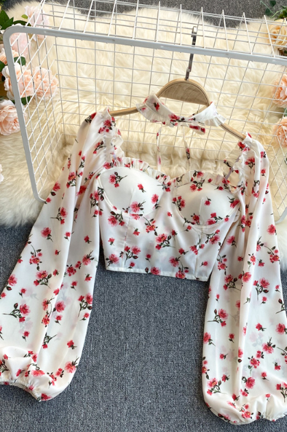Sweet Floral Puff Sleeve Long Sleeve Chiffon Shirt