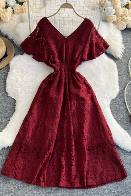 Vintage Lace V-neck High Waist Short Sleeve Dress