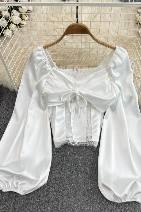 Elegant Satin Puff Sleeve Blouse With Lace Trim And Bow Detail