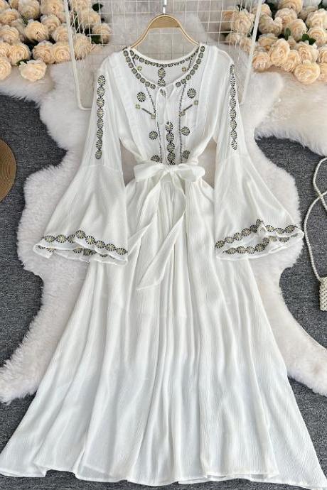 High Waist Vintage Embroidery Long Sleeve Dress