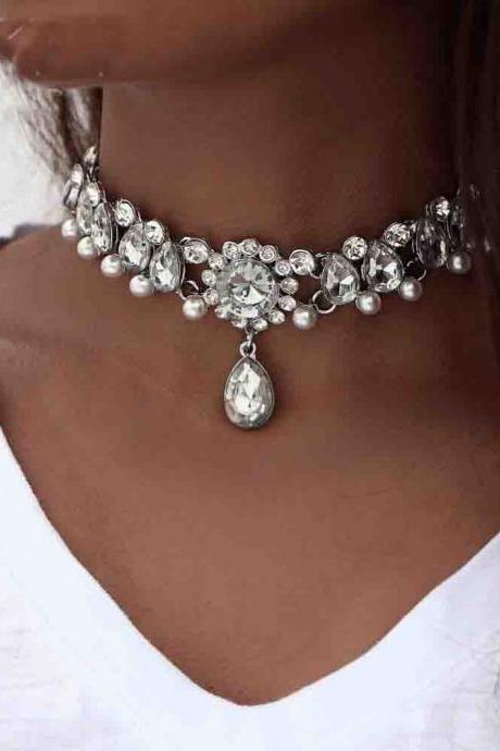 Drop Crystal Embellished Statement Choker Necklace