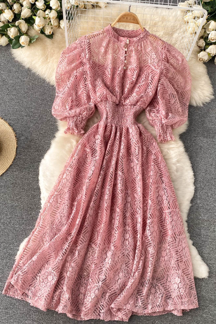 Vintage Elegant Style Bubble Sleeve Lace Dress