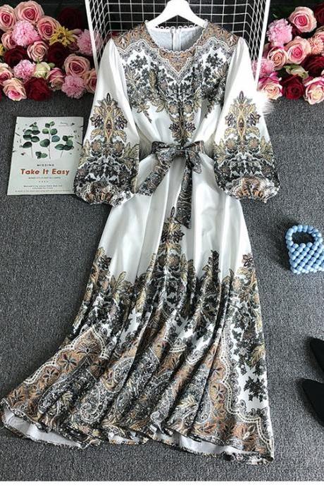 Long Sleeved High Waisted Round Neck Printed Dress