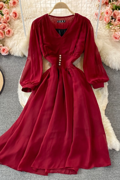 Vintage Bubble Sleeves High Waist V-neck Chiffon Dress