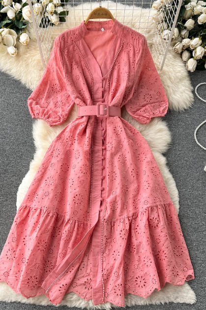 Loose Embroidered Ruffled V-neck Bubble Sleeve Dress