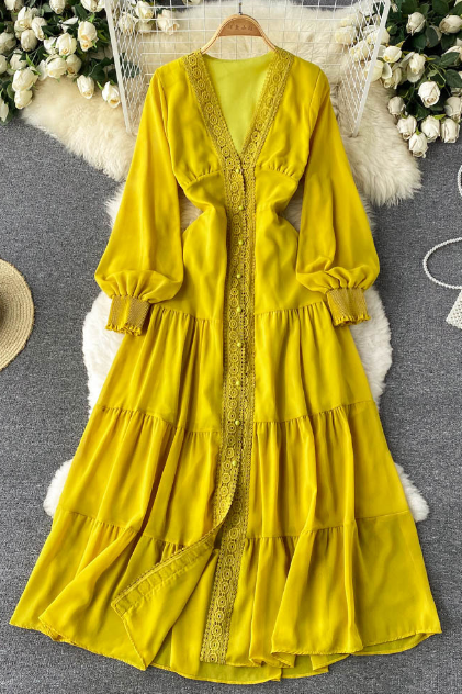 Vintage Lace V-neck Single Breasted Dress