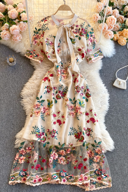 Bowtie Short Sleeve Embroidered Flower Dress