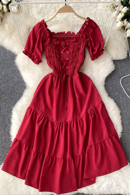 Vintage Fashion Design Short Sleeve High Waist Backless Dress
