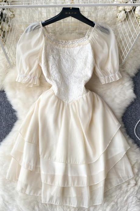Vintage Jacquard Spliced Bubble Sleeve Dress