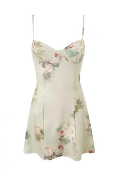 Design Printed Slim Fitting High Waisted V-neck Sexy Low Cut Sling Dress
