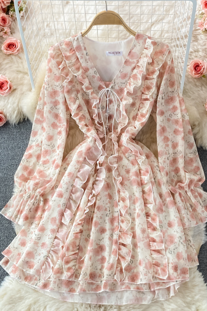 Sweet Ruffled V-neck Floral Pink Long Sleeved Dress