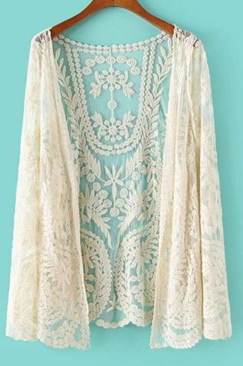 Beige Long Sleeve Lace Beautiful Enchanting Cardigans For Woman