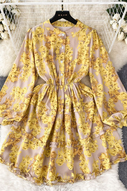 Design Temperament Floral Bubble Sleeve Dress