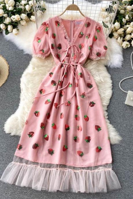Women's Bubble Sleeves Strawberry Embroidered Mesh Dress