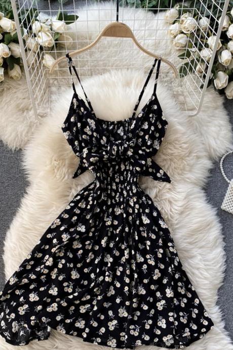Fashion Black Floral With Bow Dress