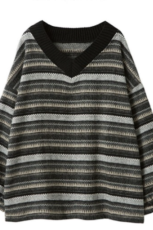 Striped Contrasting V-Neck Loose Fitting Long Sleeved Sweater