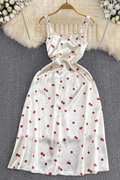 Waist Slimming Sleeveless cherry Printed A-line Dress