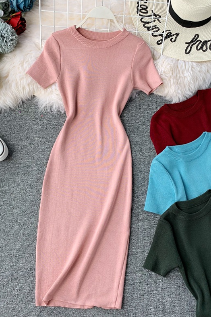 Solid Color Temperament Round Neck Elasticity Tight Fitting Short Sleeves Hip Wrap Dress