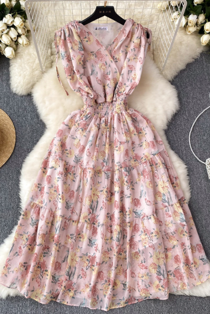 Sweet Sleeveless Chiffon Floral Dress