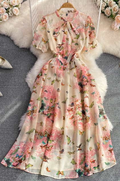 Bow Knot Elegant Short Sleeved Floral Chiffon Dress