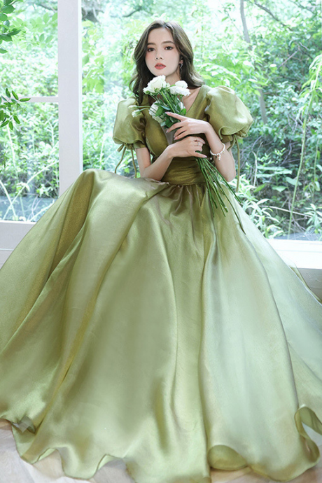 Temperament Puff Sleeve Prom Avocado Green Tulle Long Dress