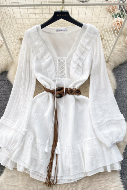 Sweet Slim Long Sleeves High Waisted White Dress