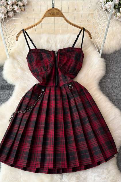 Sweet Red And Black Plaid Pleated Suspender Dress