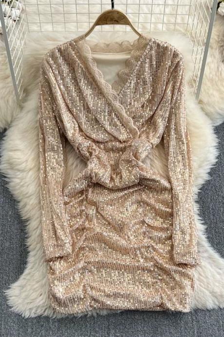 Sexy Sparkling Sequin V-neck Waist-cinching Pleated Bodycon Dress