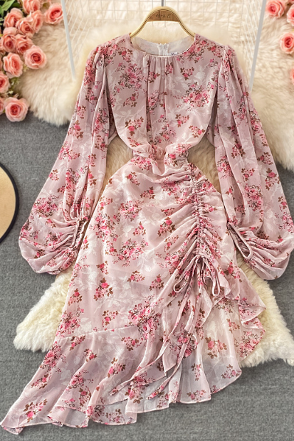 Round Neck High Waisted Irregular Bubble Sleeve Floral Chiffon Dress